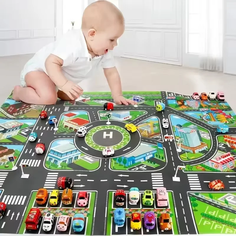 Estera de carretera de 83x58cm/130x100cm para niños, mapa de coche de tráfico, juguete educativo, alfombra de plástico para carretera, tapete para juegos de ciudad, juguetes para niños