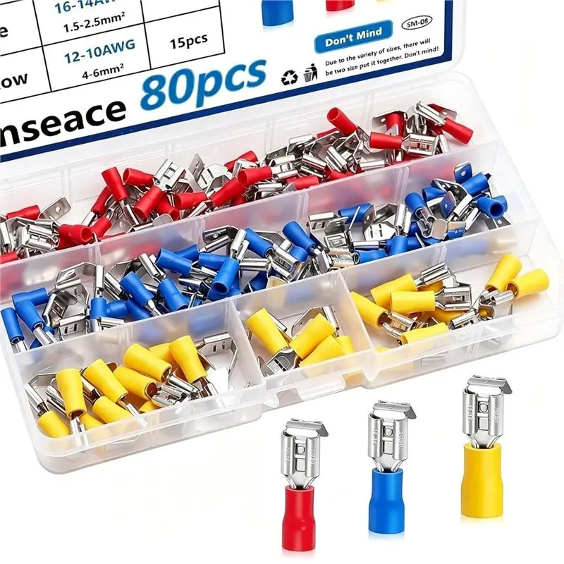 AA51 Quick Disconnect Piggybag Spade Connectors(80Pcs), Semi-Insulated Spade Kit Assortment Piggyback