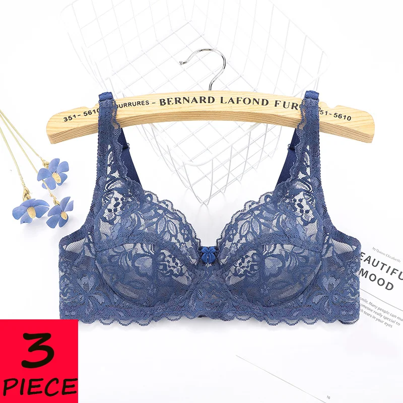 3PC/SET Women's Sexy Lace Bras Push Up Bralette Female Hollow Out Underwired Underwear Solid Color L