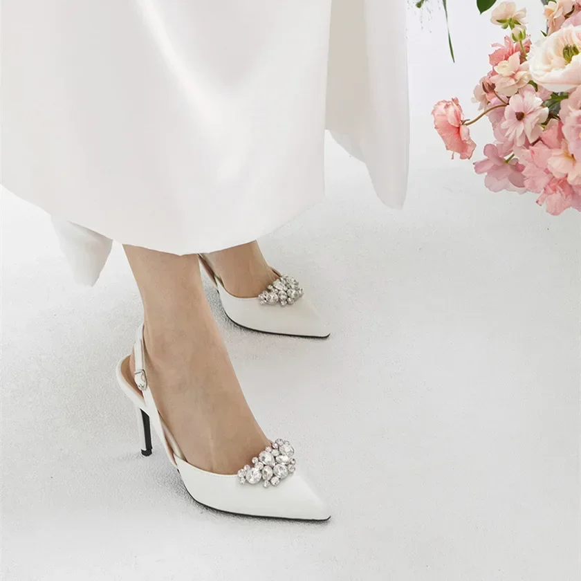 6cm Heels Women Luxury Sandals Satin Pointed Toe with Rhinestone High Heels Ankle Wrap White Wedding Bride Women Shoes 40 41