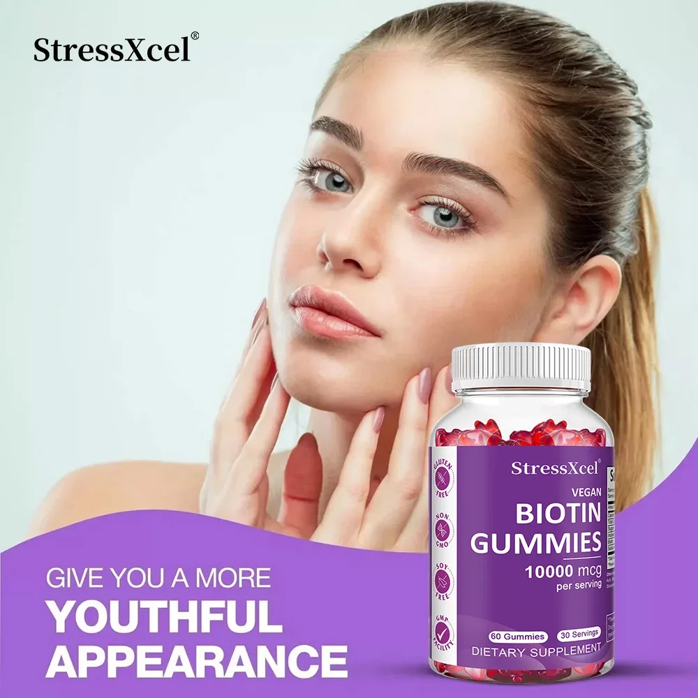 10,000 ماك جرام من علكات البيوتين - تعزز نمو الشعر، ويقوي الأظافر، ويحافظ على البشرة الصحية، وتنظيم عملية التمثيل الغذائي