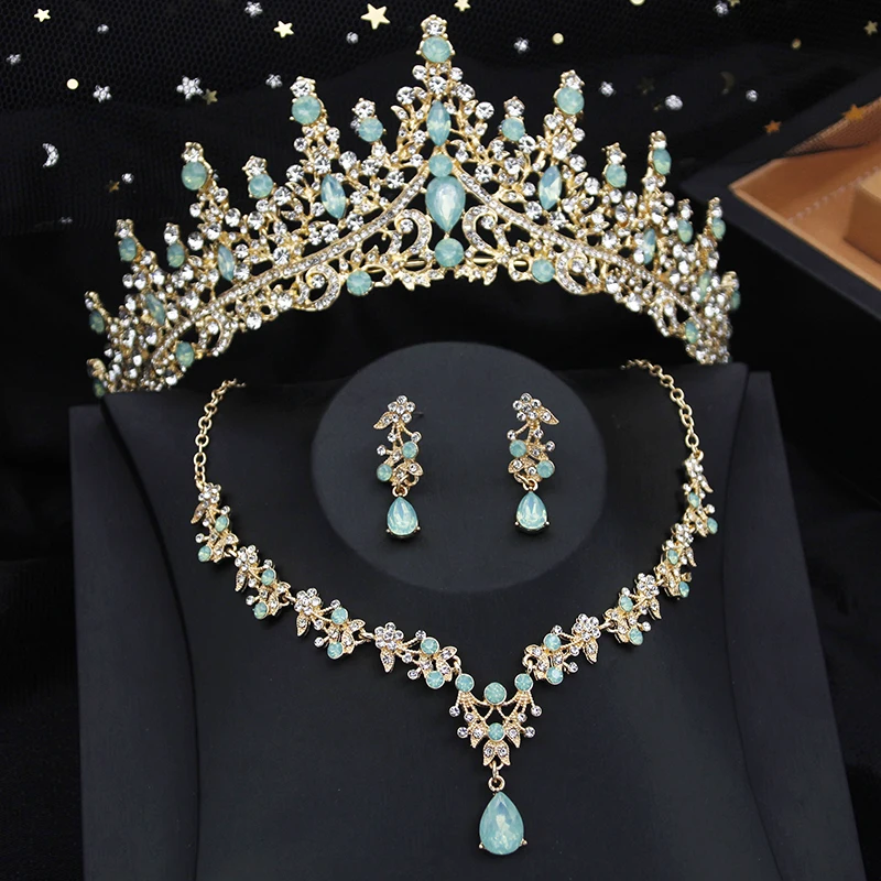 Luxury Silver Color Opal Water Drop Crown Bridal Jewelry Sets Rhinestone Tiaras and Necklace Earrings Wedding Dress Jewelry Set