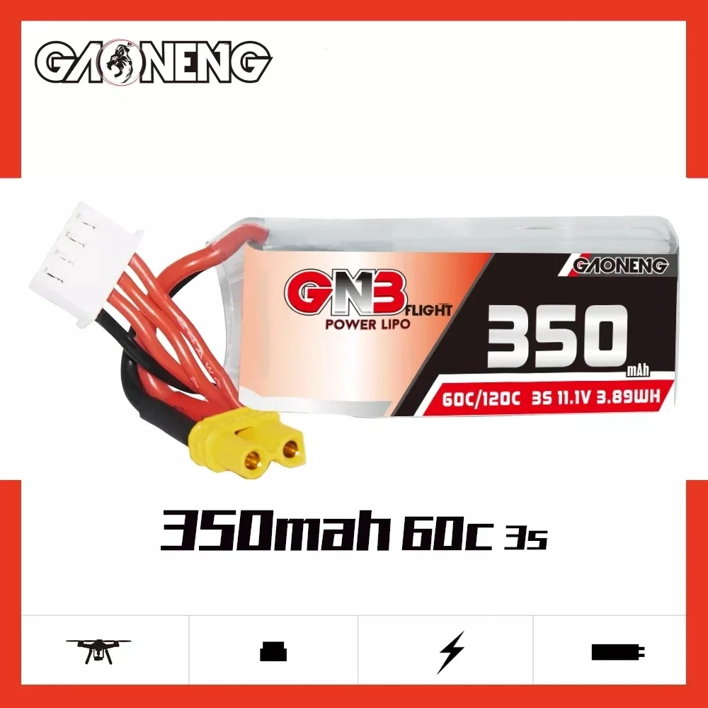 2PCS GAONENG GNB 3S 350MAH 11.1V 60C LiPo Battery With XT30 Plug  For FPV RC Racing Drone