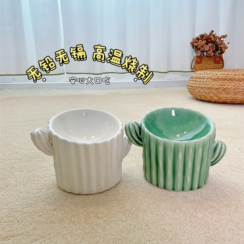 Cactus food-grade ceramic pet drinking food bowl anti-tipping oblique neck protection dog and cat universal food bowl high bowl