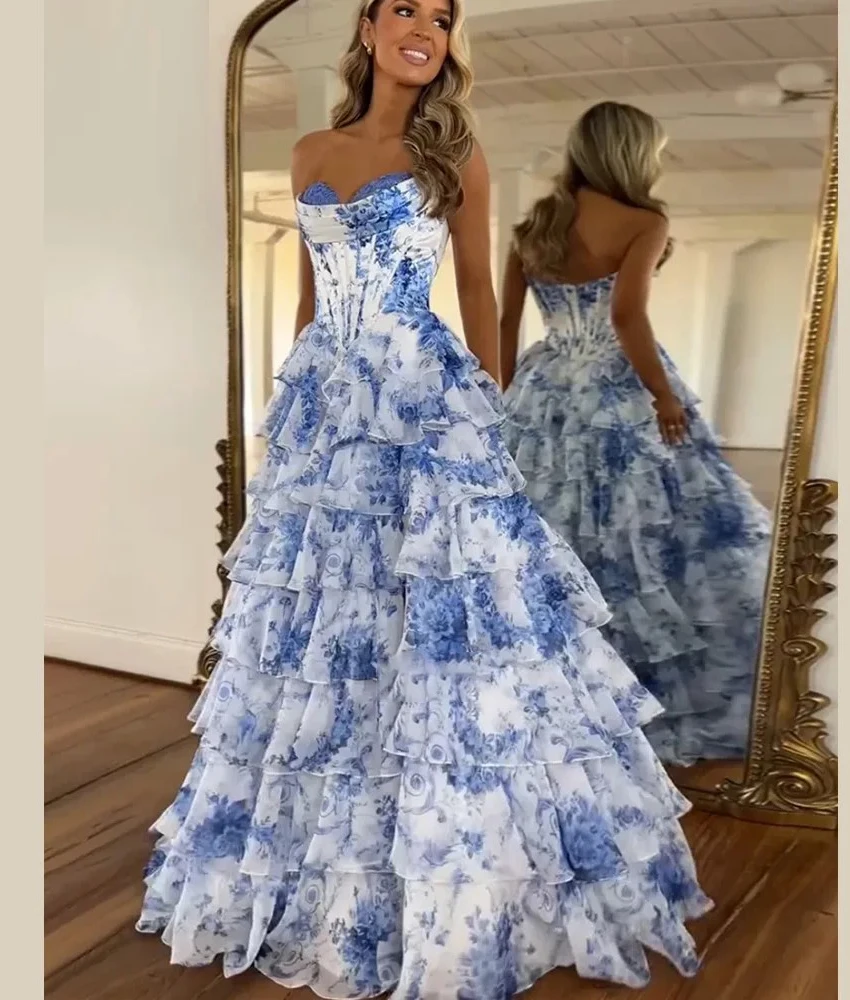 

Customized Exquisite Chiffon A-Line Flowers Ruffles Tiered Evening Dress Delicate Sleeveless Sweetheart Bespoke Occasion Gowns