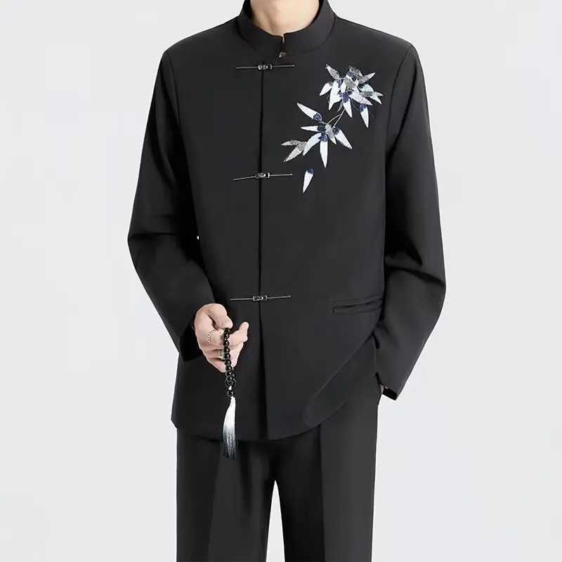 

Elegant Men's Peony Embroidered Long Sleeve Chinese Zhongshan Suit Stand Collar Loose Fit Wedding Formal Jacket for Groom XXXXL