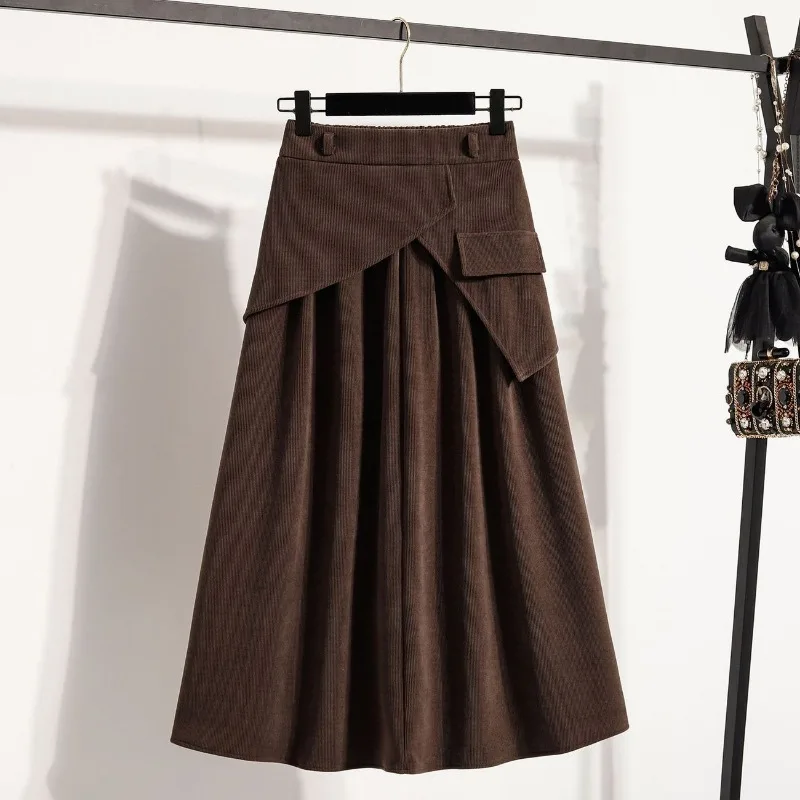 Women Asymmetrical Wrap Midi Skirt High Waist Pleated Knit A Line Casual Long Skirt With Pocket
