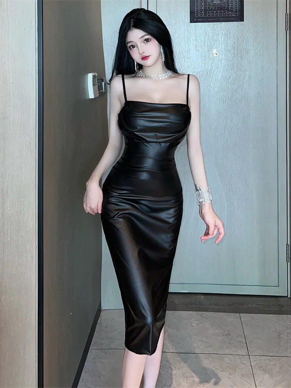 Sexy Spicy Girl Style Off Shoulder PU Leather Shiny Dress High Waist Slim Wrap Hip Black Mysterious And Mature Temperament KT4J