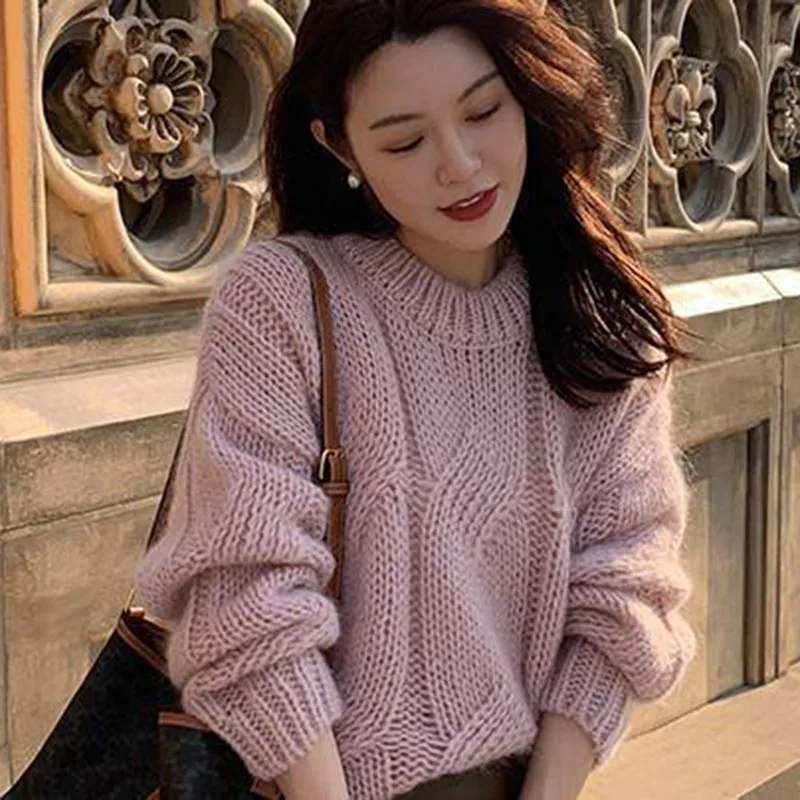 Biyaby Twist Knitted Sweater Woman Autumn Winter Lazy Style O-Neck Solid Pullovers Women Casual Basic Loose Pullover Ladies