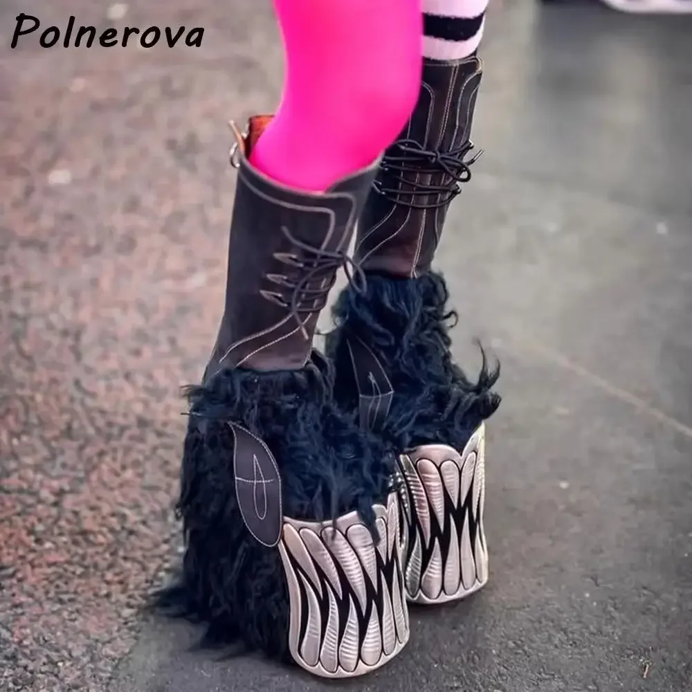 Monster Teeth Furry Platform Boots Lace-Up Back Zip Chunky Wedge Heel Mid Calf Boots Winter Gothic Punk Streetwear Leather Shoes