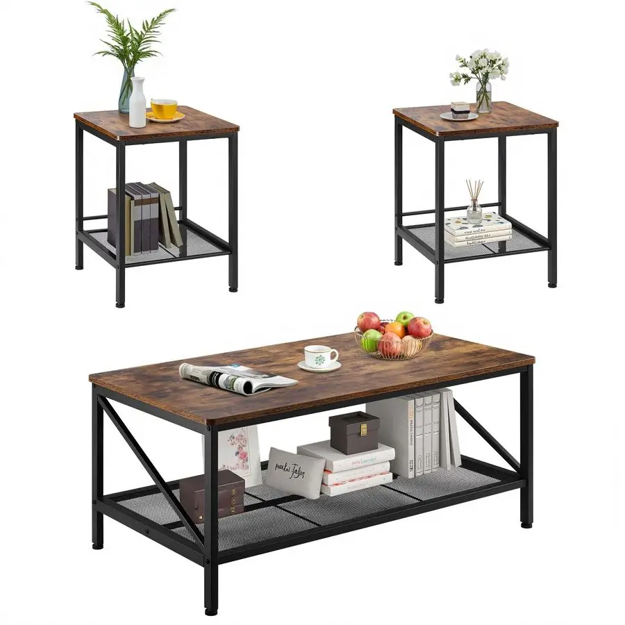 3 Pieces Living Room Table Sets, 41.3 in Industrial Coffee Table with 2 Square End Side Tables, Easy Assembly Coffee and End Tab
