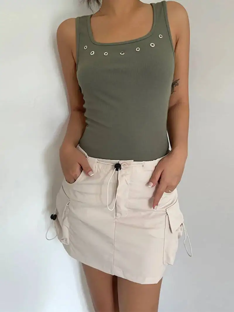 

WOMENGAGA American Retro Skirts Pocket Elastic Drawstring Skirt For Women Summer Spicy Girl High Waist Streetwear DN7H