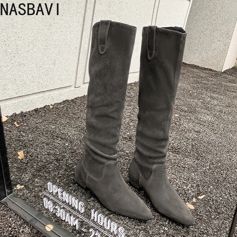 NASBAVI 2026 موضة البقرة المدبوغ أخبار النساء حذاء برقبة للركبة الخريف النعال الكعوب أشار تو أحذية طويلة الشتاء أحذية امرأة 34-40