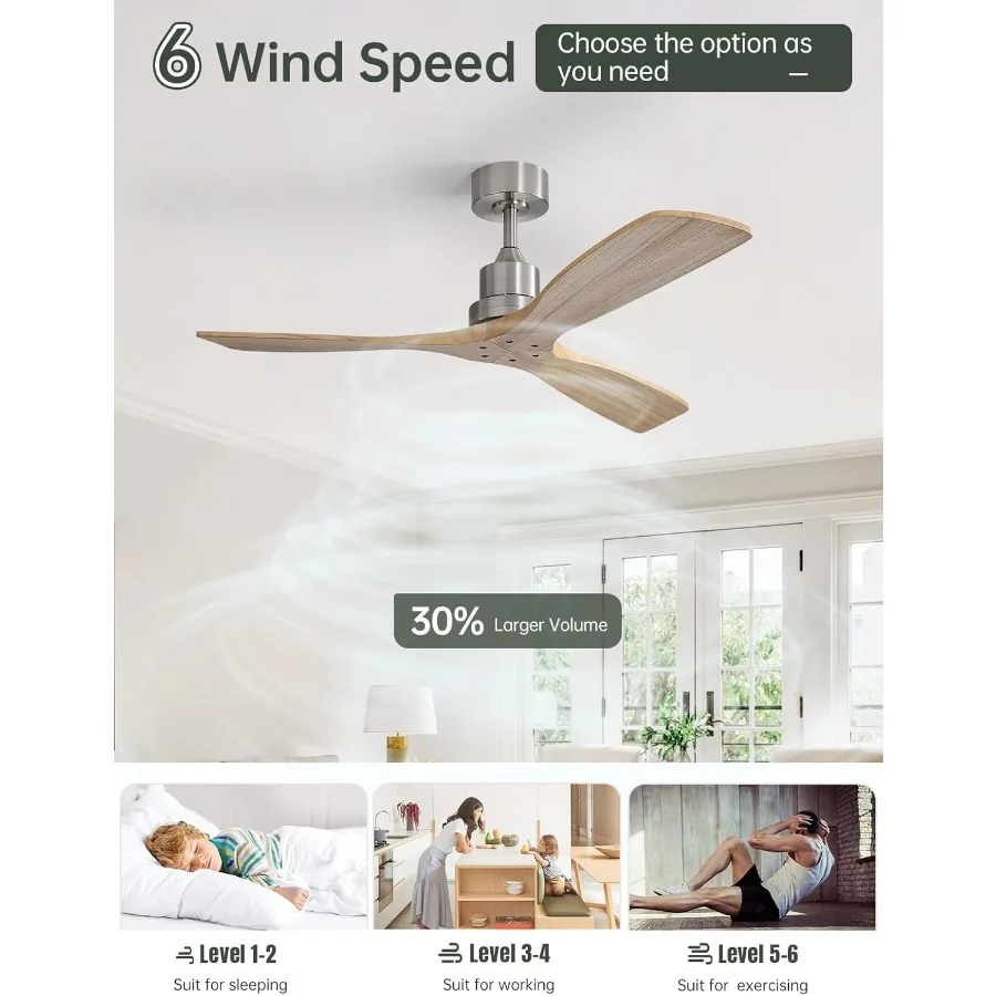 مروحة سقف ذكية مقاس 52 بوصة بدون ضوء لغرفة النوم وغرفة المعيشة والمزرعة الداخلية والفناء بتصميم حديث من الخشب الصلب مع جهاز تحكم عن بعد للتطبيق #5