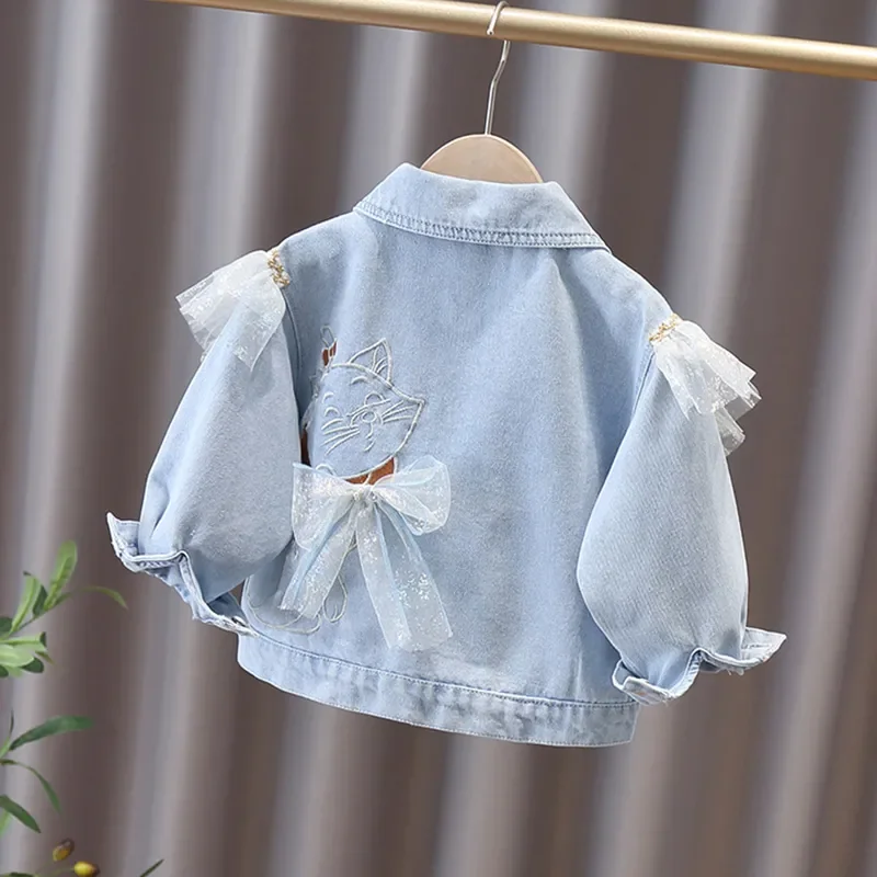 Spring Autumn Baby Girl Denim Jacket Coats 2024 New Children Clothing Cartoon Cat Lace Bow Outwear fashion Kids Long Sleeve Tops