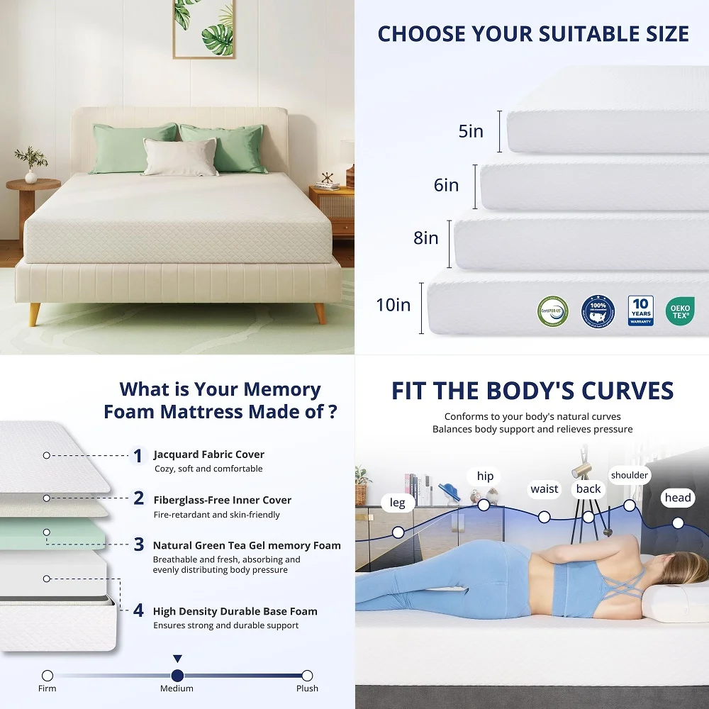 

8 Inch King Mattress, Memory Foam Mattress in a Box with Breathable Cover, Green Tea King Size Mattress Pressure Relief, CertiP