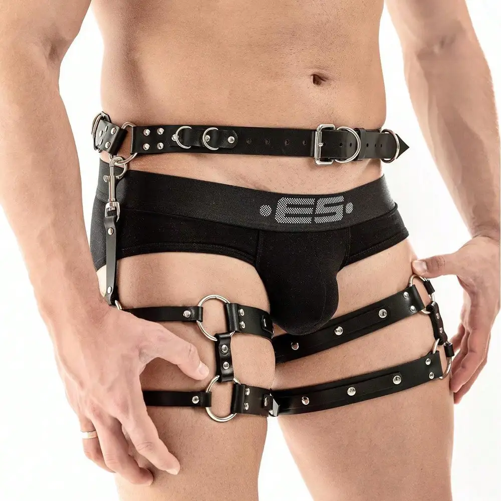 

Sexy men's PU leather trousers bandage sexy bodybuilding style, bondage belt tied underwear