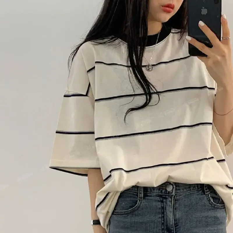 

Women Summer Korean Simplicity Loose Striped Large Size O-neck Short Sleeve T-Shirt Women Clothes Casual All-match Trend Top Tee