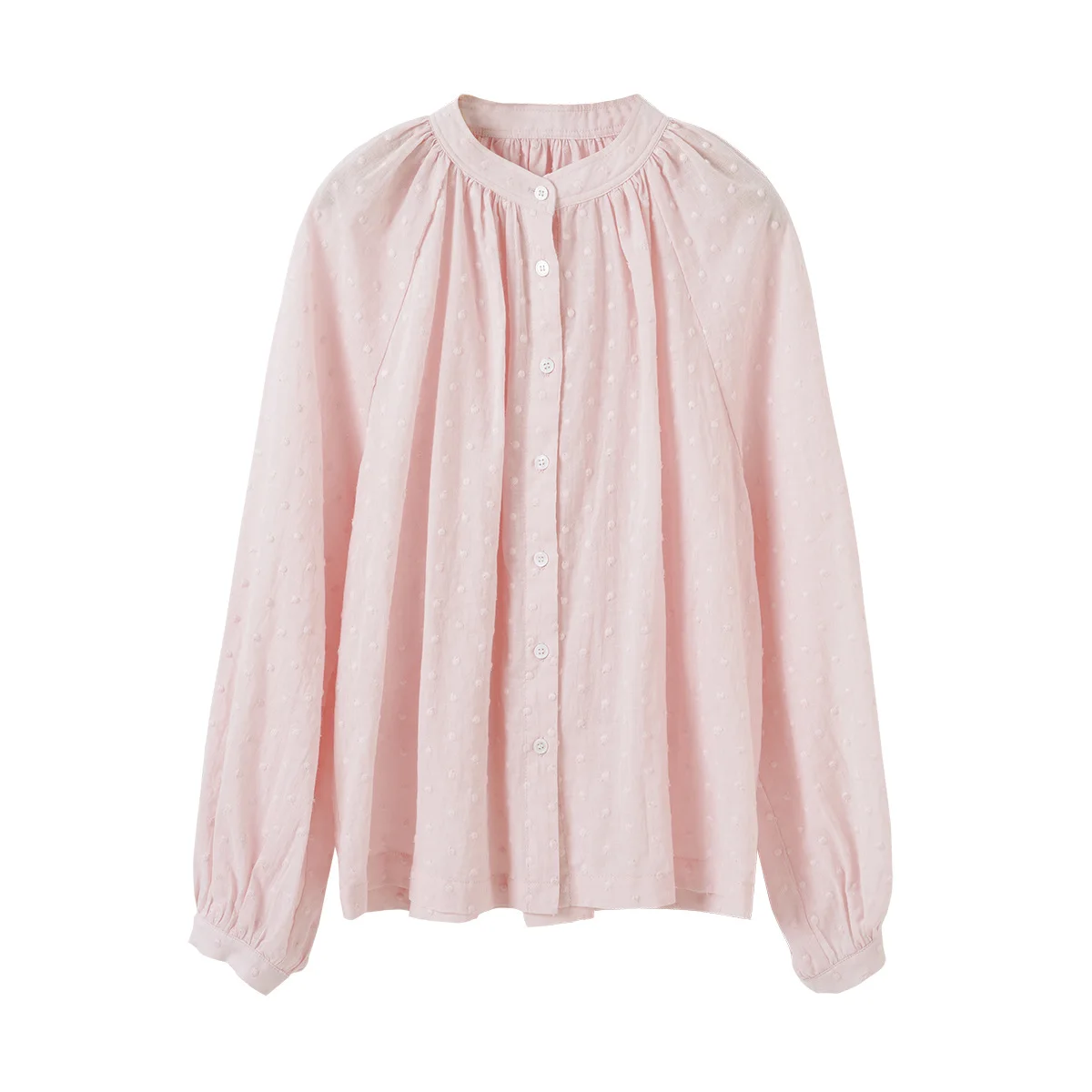 

2025 New Cotton Polo Shirt Women Pink Long Sleeve Round Neck Vintage Dot Embroidery Sun Protection Shirt