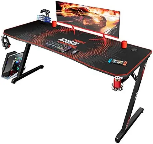 

Gaming Desk 63 inch Computer Desk Z Shaped PC Table Gamer Desk with Carben Fiber Surface Full Coverage Mouse Pad Cup Holder Head