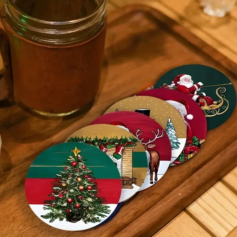 6 sets of Christmas-style patterned art painted wooden anti-slip coasters, suitable for decoration of living room kitchenware