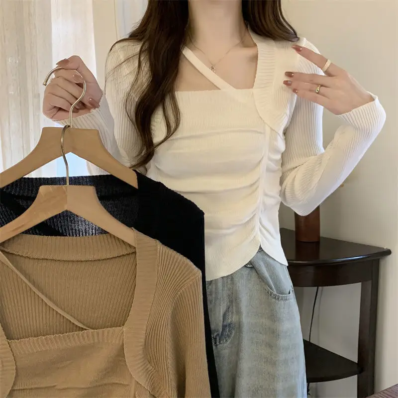 Casual Women Pullovers Square Collar Top Ruffles Jumpers Chic Streetwear T Shirts Ladies Long Sleeve Exquisite Korean Basic Tee