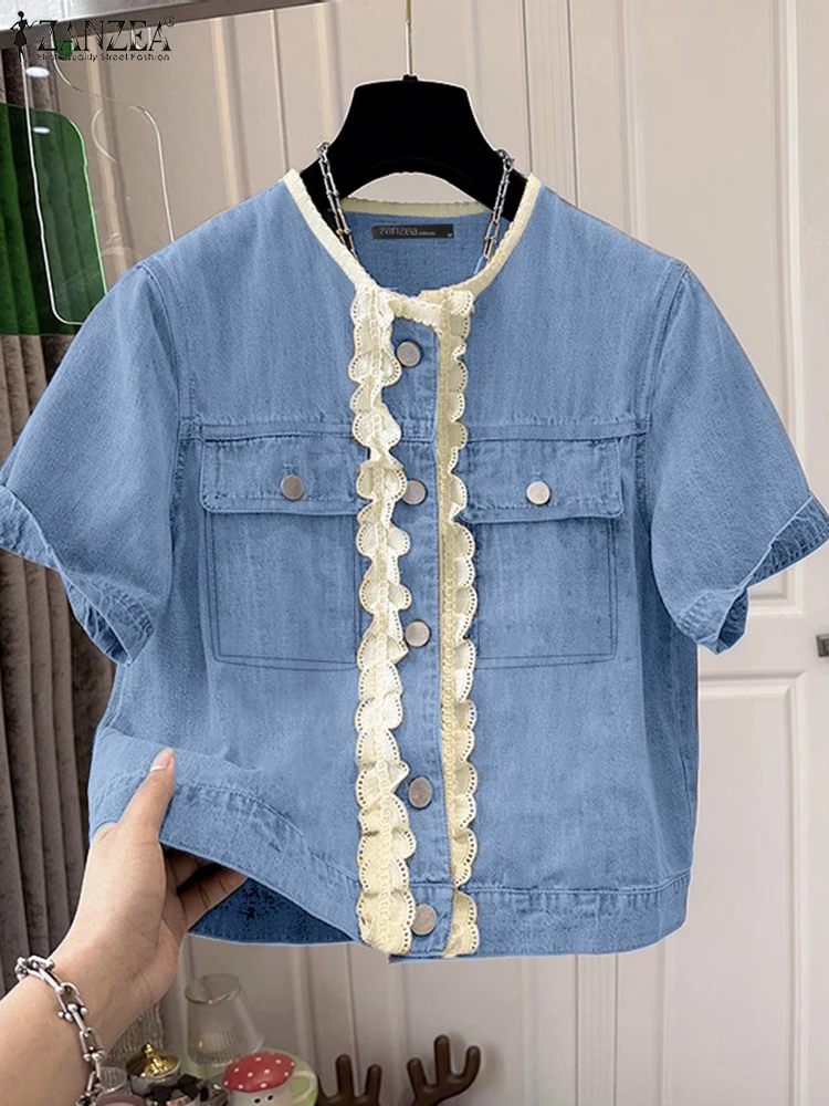 

Fashion Lace Patchwork Shirts Women Casual Loose Solid Color Tops 2025 ZANZEA Fashion O-Neck Pockets Short Sleeve Blusas S-3XL