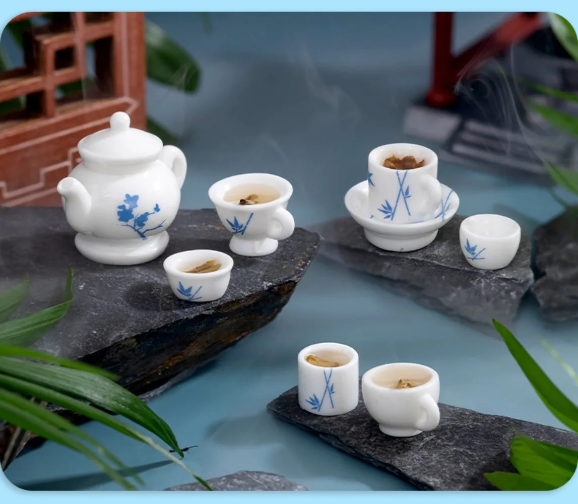 1/12 Dollhouse Miniature Dining Ware Porcelain Tea Set Tableware Cup Plate Colorful Floral Print Decoration Kid Gift
