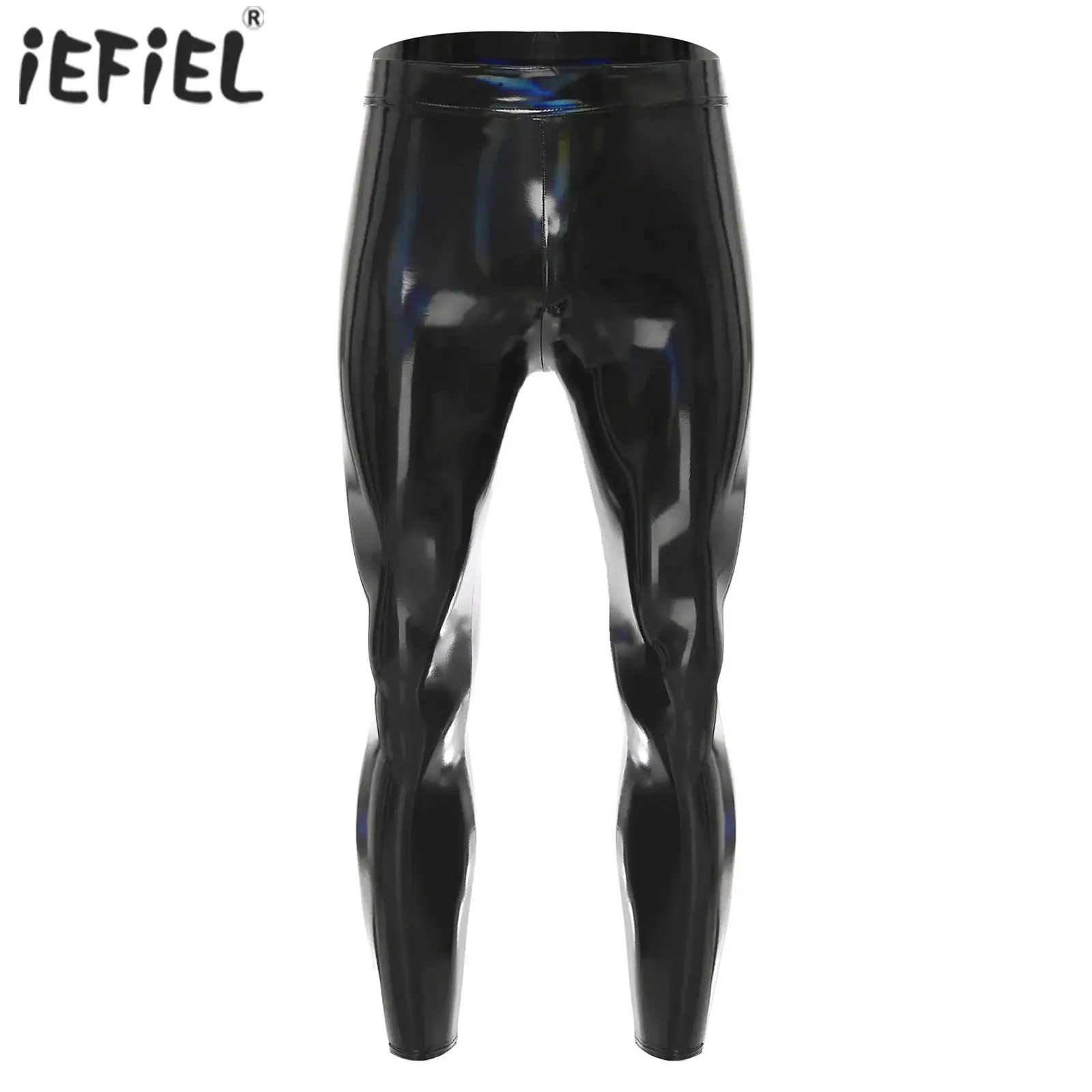 Pantaloni da discoteca neri da uomo Pantaloni leggings Pantaloni elasticizzati in pelle PU lucida a olio Pantaloni effetto bagnato Abiti da pole dance Rave Clubwear