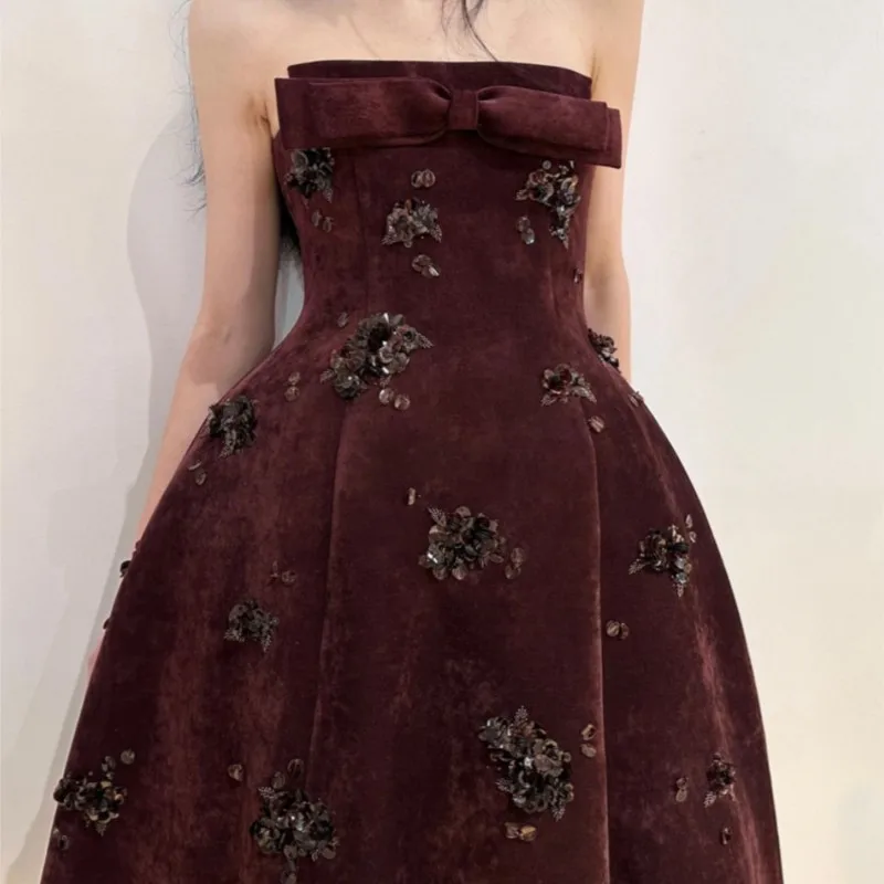 

Light luxury small velvet beaded wine red toasted banquet dress