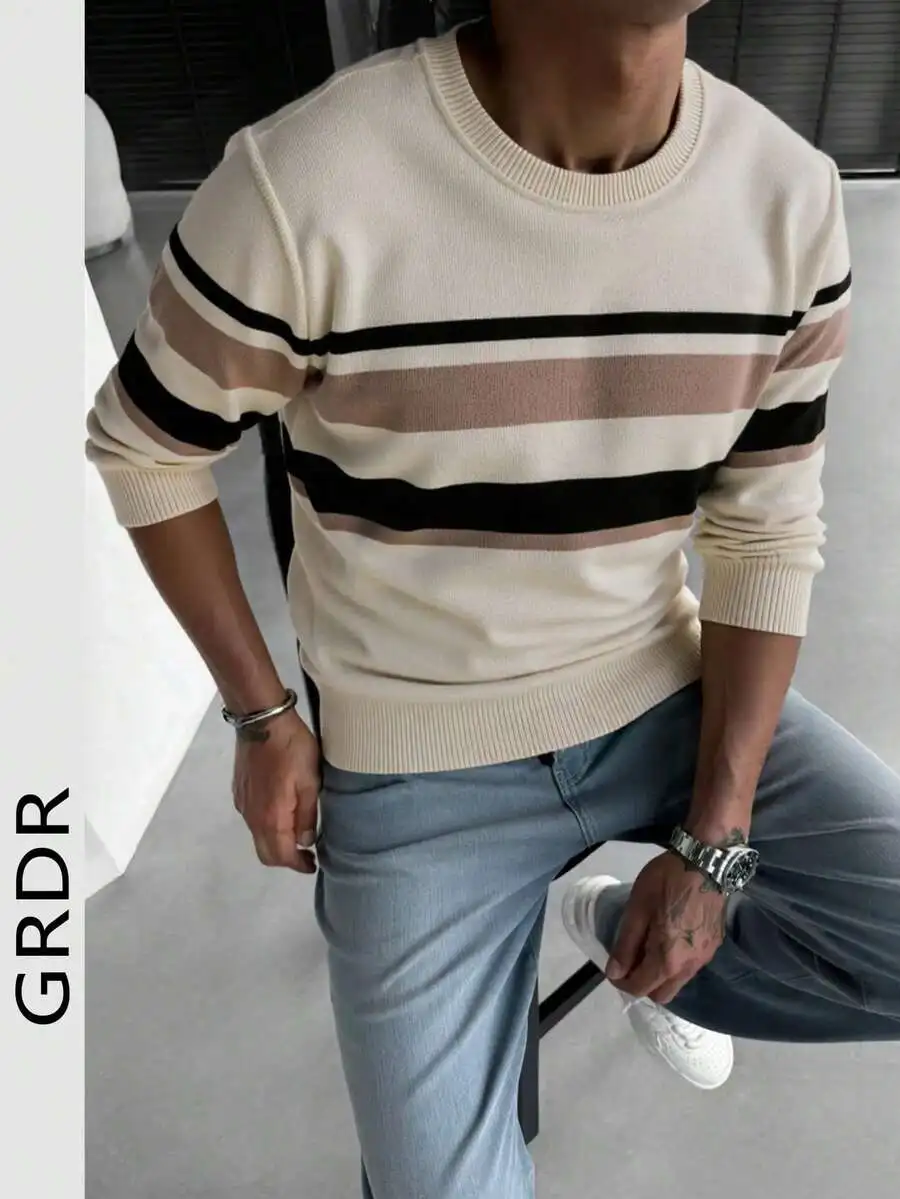 

Men's Crewneck Striped Knit Pullover Sweater - Cream with Black & Beige Bands