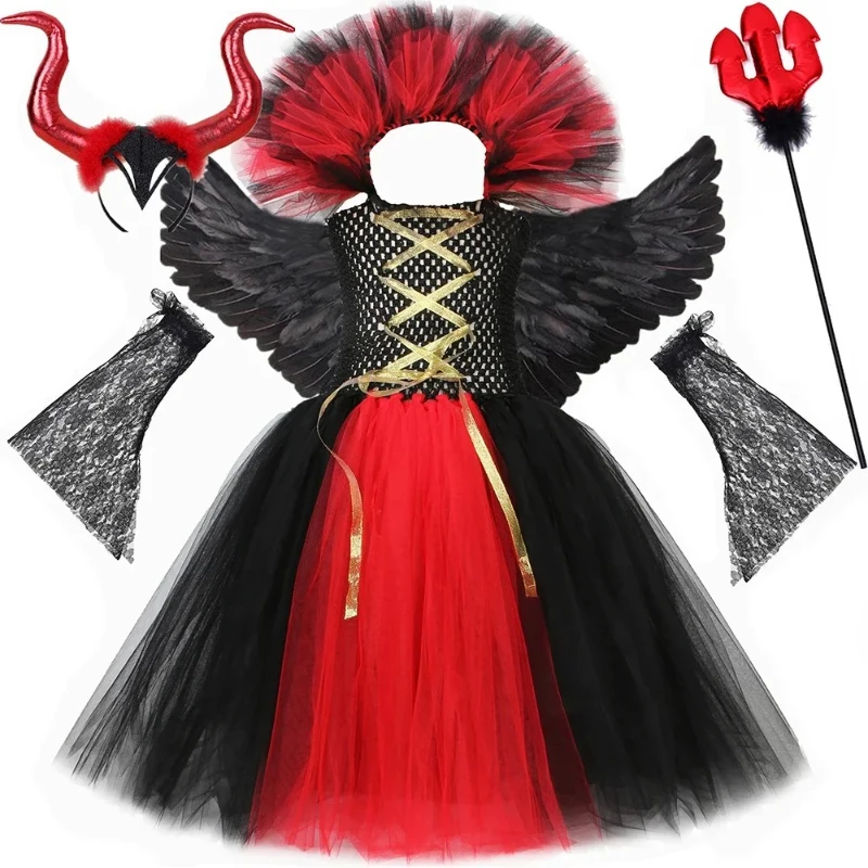 Halloween Vampire Costume for Girls Fancy Carnival Party Dresses Kids Gothic Devil Queen Demon Tutu Dress with Horns Wings Set