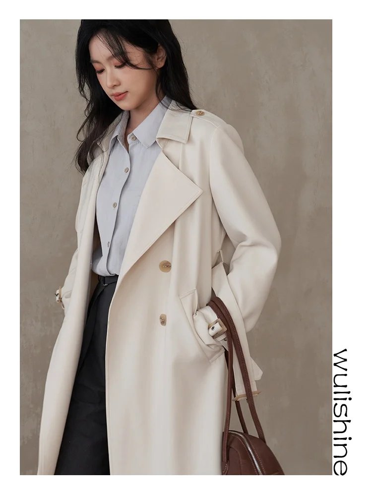 

Korean Sle Women's Long Waist-Cinching Double-Breasted Coat orter oulders Straight Tube Design Windbreaker Jaet