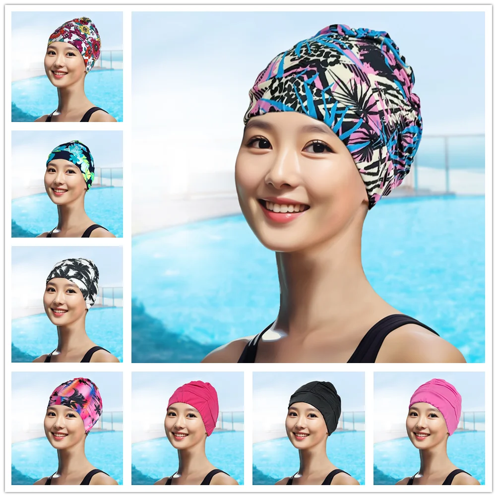 Drape Stretch Seaside Fold Swim Cap hat Sexy Lady Womens Girls Long Hair Swim Cap Stretch Hat Drape Bathing Swimming Cap