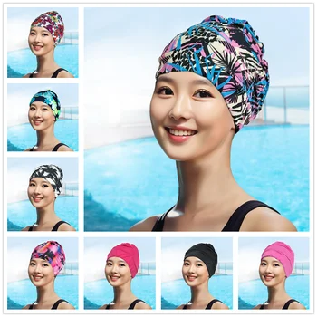 Gorro de baño elástico drapeado con pliegue en la playa, gorro Sexy para mujer y niña, gorro de baño de pelo largo, gorro elástico, gorro de baño drapeado