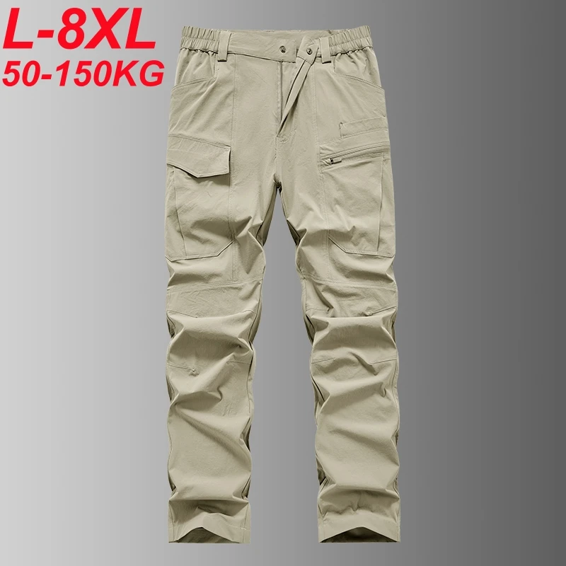 Men's Quick Dry Cargo Pants with Zip Pockets Big Size 8XL 7XL 6XL Summer Ice Silk Cooling Sweatpants Loose Fit Straight Trousers