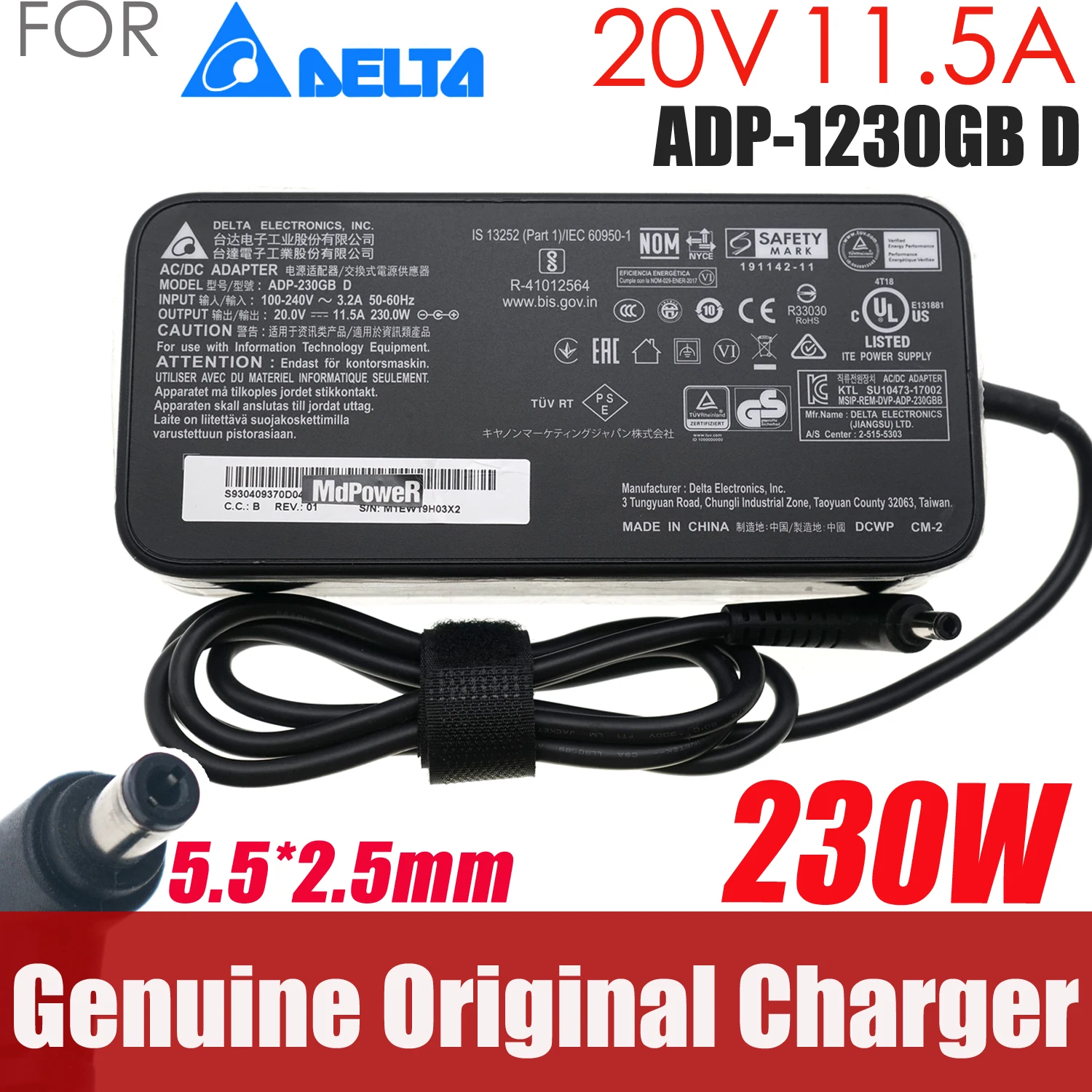 

Original Delta ADP-230GB D 230W 20V 11.5A AC Adapter Charger for MSI WS66 11UMT-220GS66 GS75 GS66 10UE-280CA STEALTH Laptop