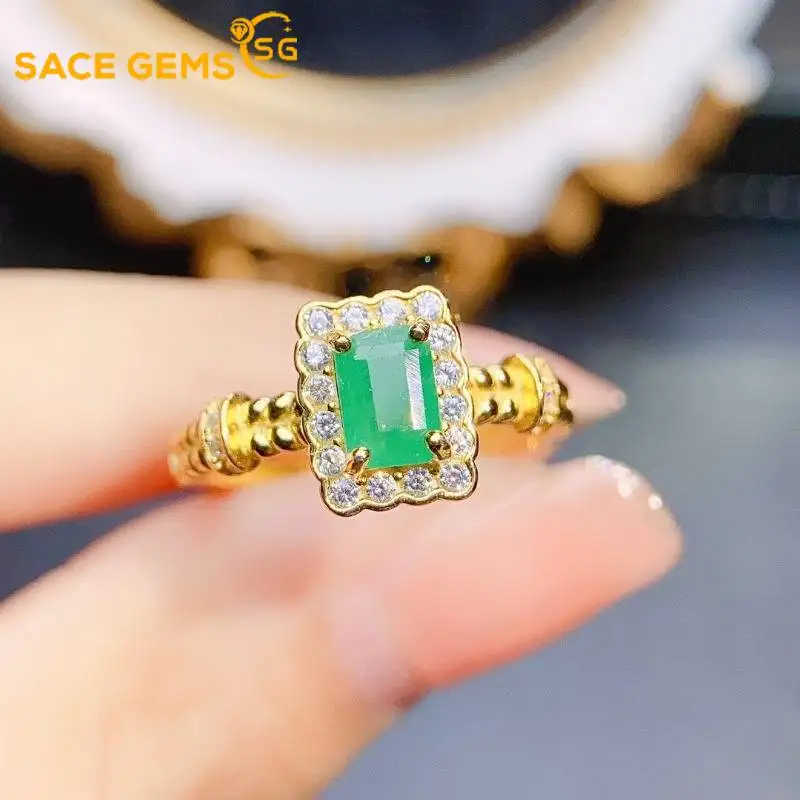 

SACE GEMS Fashion 925 Sterling Silver 4*6mm Natual Emerald Luxury Rings for Women Created Wedding Engagement Party Fine Jewelry