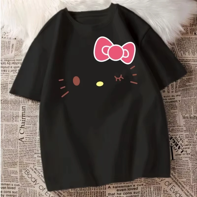 سانريو مرحبا كيتي الإبداعية رسمت تي شيرت الصيف المرأة الجديدة حجم كبير تي شيرت Y2K ريترو فضفاض عادية كم قصير