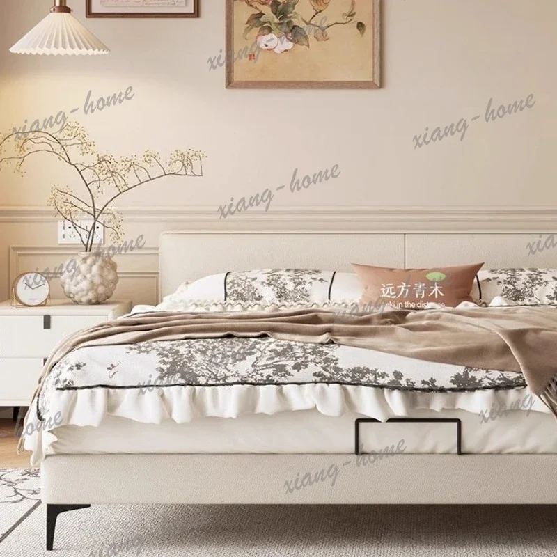 LJY Leather Bed Modern Minimalist Bedroom Furniture Short Headboard Double Bed with Storage Space Soft Backrest Meet Different S