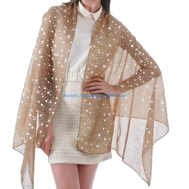 E56A Metallic Star Mesh Shawl for Women Sheer Polyester Layer Scarf, Lightweight Accent for Wedding Evening Dress Styling