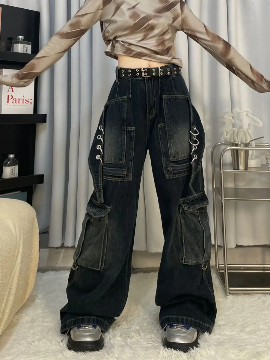 

American High Street Retro Loose Straight Jeans Autumn New Three-Dimensional Deconstruction Design Pocket-Sensing Wide-Leg Pants