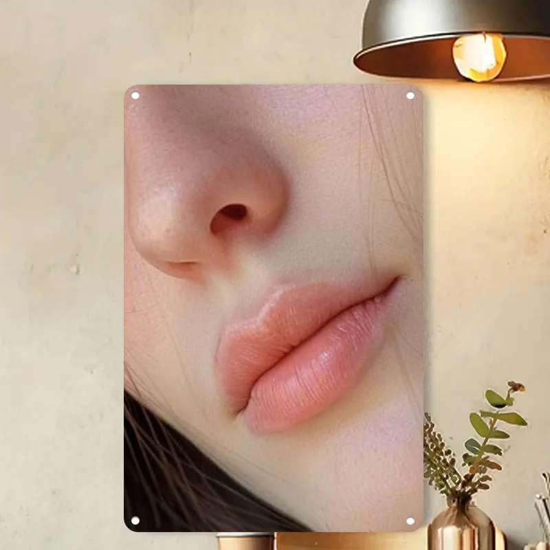 Vintage Metal Tin Sign,Close Up Soft Pink Lips Portrait Minimalist Indoor Wall Art Rustic Plaque