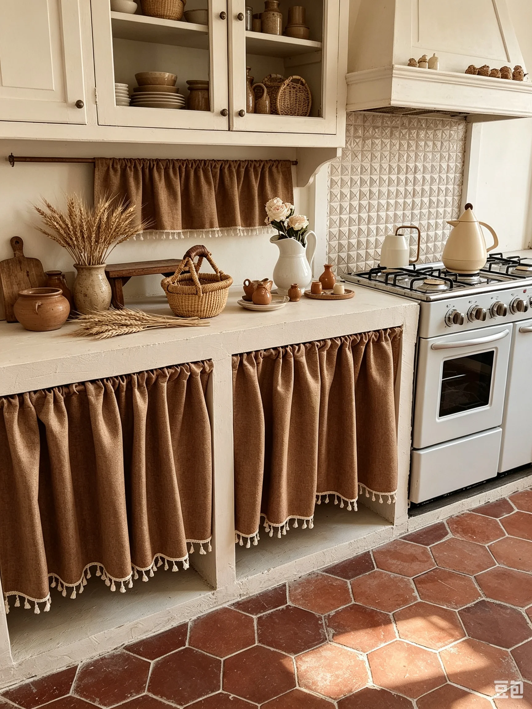 1 PC Green Solid Tassel Short Kitchen Window Coffee Curtains Without Rod- Nordic Style Daisy Pattern Semi-Rod Required Curtain