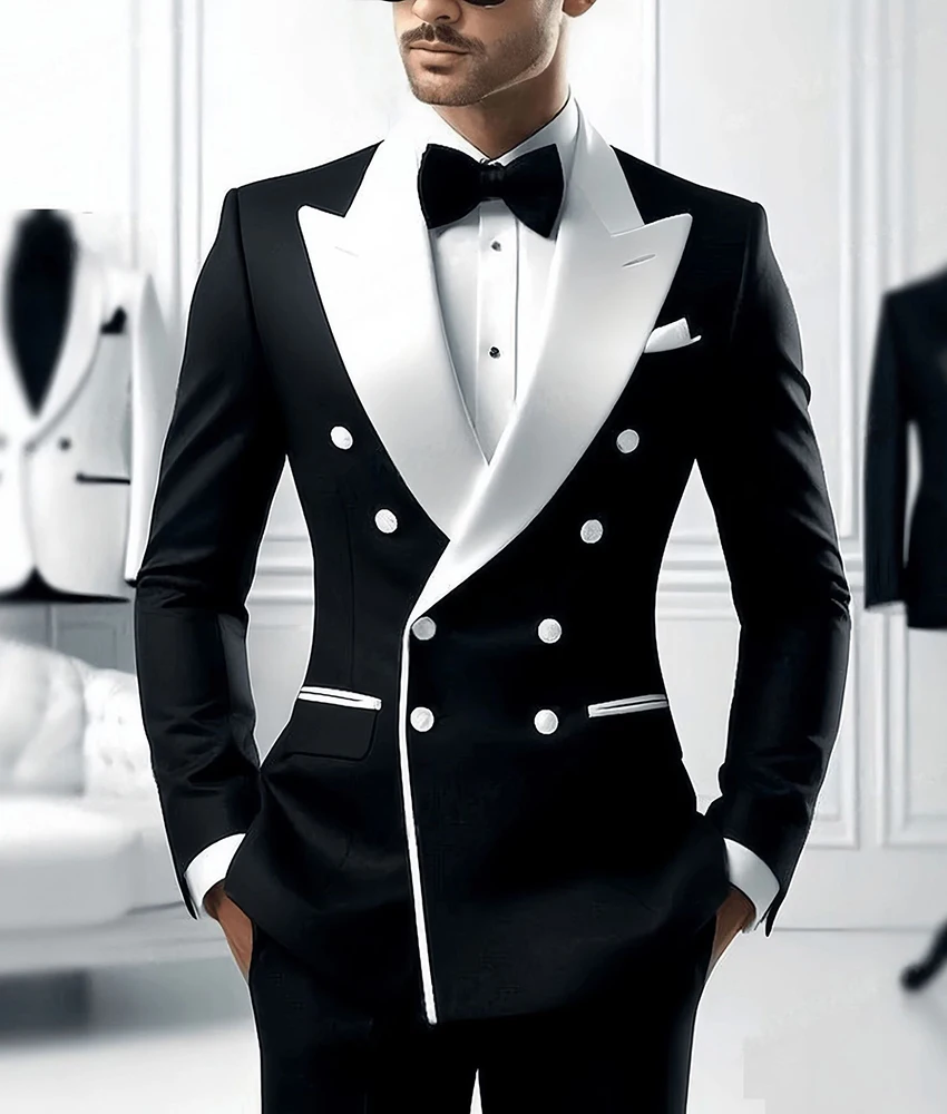 

White Turn-over Double Breasted Collar Black Formal Suit for Men; Newlywed Groom Best Man Wedding Party Tuxedo 2 Piece Suitants