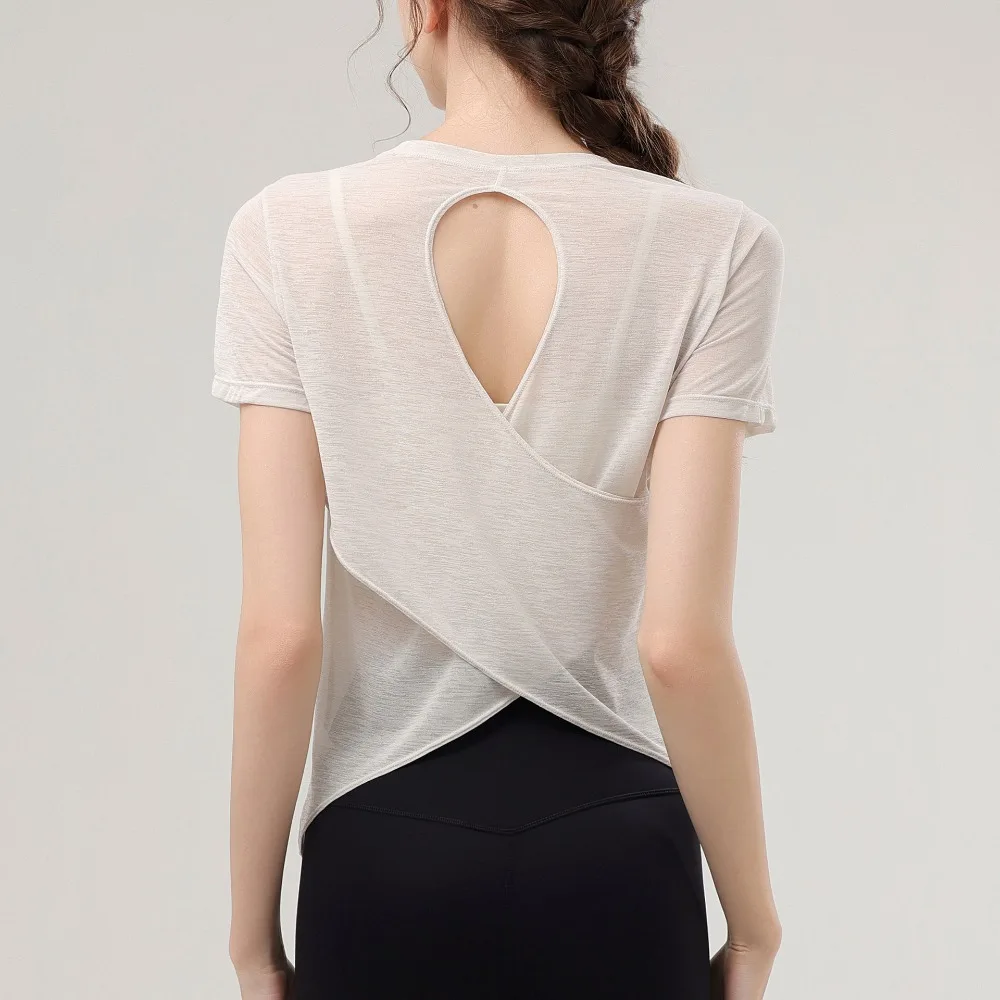 Casual Quick Dry Sports T-Shirt Short Sleeve Hollow Out Yoga T-Shirt Round Neck Breathable Cross Back T-Shirt for Women