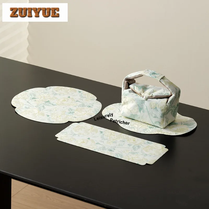 Manteles de mesa de té con bordado de brocado, rosa amarilla, con Cozies de té, posavasos Zen para bebidas, mantel de cena, decoración de artículos de té