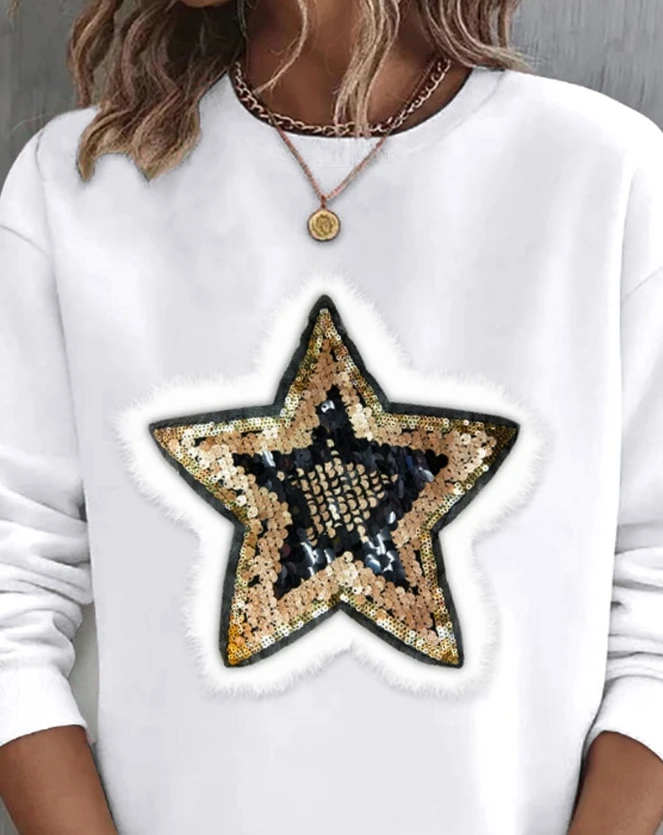 2023 Autumn Winter Spring New Fashion Casual Sequin Star Pattern Fuzzy Detail Sweatshirt Female Clothing T-Shirts Pullover Tops