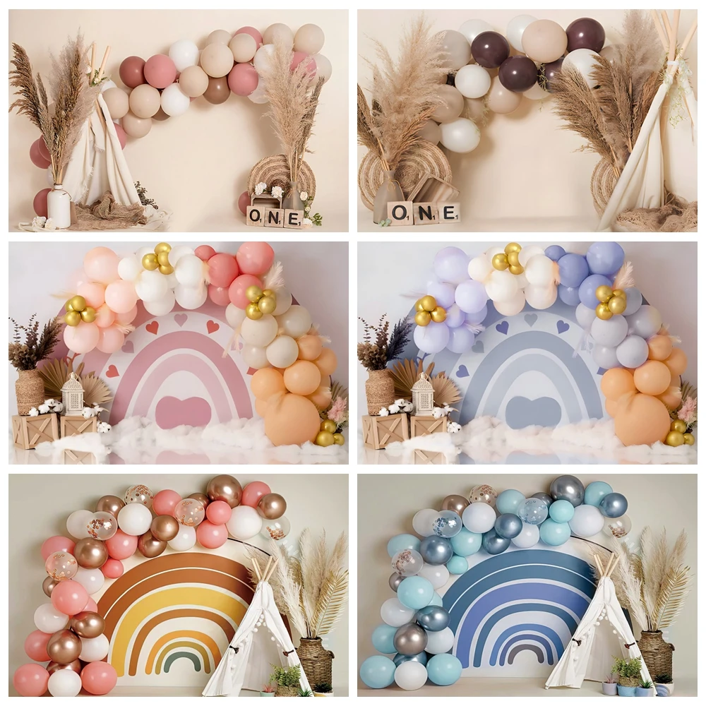 

Colorful Arch Balloons Baby Shower Photography Backdrop Boho Style Cake Smash Kids Portrait Photographic Background Photo Studio