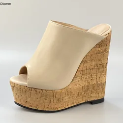Olomm New Women Platform Mules Sandals Wedges High Heel Sandals Open Toe Gorgeous Nude White Party Shoes Women US Plus Size 5-20